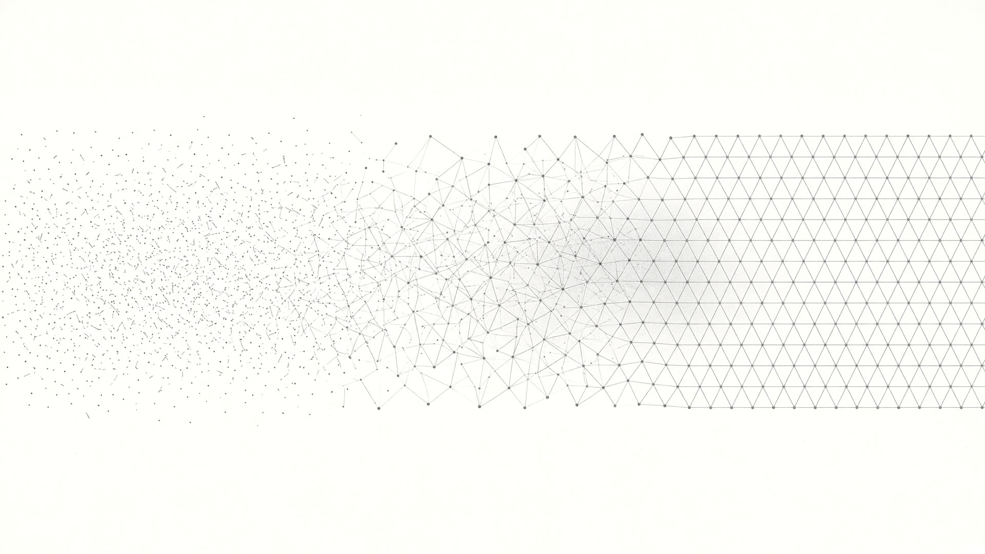 Fig 1. Order out of chaos — a field of scattered marks gathering into hairline networks and resolving into a regular lattice.
